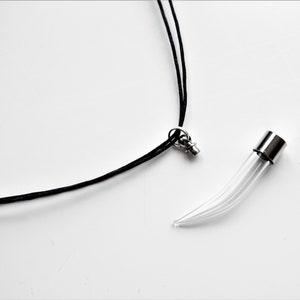 Empty vial necklace with an adjustable black cord choker, a screw top and seperate glass vial with a silver top.