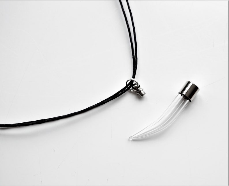 Empty vial necklace with an adjustable black cord choker, a screw top and seperate glass vial with a silver top.