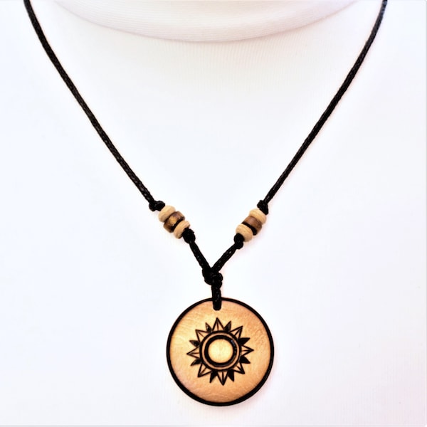 Sun Pendant, Mens Wood Jewellery, Mens Tribal Choker, Black Cord Necklace, Beaded Necklace