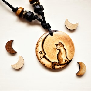 Cat & Moon Necklace, Handmade Gifts for Her, Personalised Pyrography Art Jewellery, Crescent Lunar Pendant