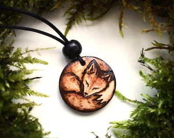Sleeping Fox Wooden Pendant Necklace, Handmade Gift