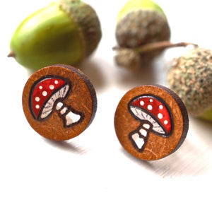 Cute Mushroom Studs, Personalised Wooden Toadstool Earrings, Hand Painted Forest Jewellery, Whimsical Gifts