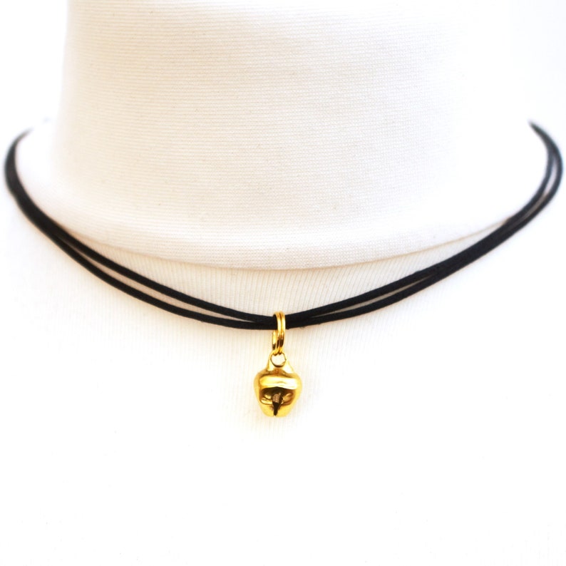 Cat Bell Choker in Silver or Gold, Rope Necklace, Ladies Kitten Collar on Adjustable Cord, Gothic Jewellery Gift image 3