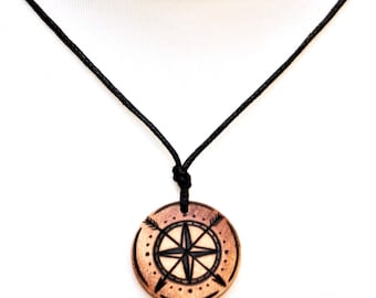 Compass Necklace on an Adjustable Black Cotton Cord, Personalised Wooden Hikers Jewellery, Survival Gifts for Men