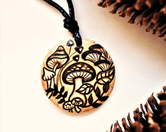 Mushroom Necklace, Mens Foraging Gift, Personalised Wooden Druid Forest Pendant, Toadstool Art