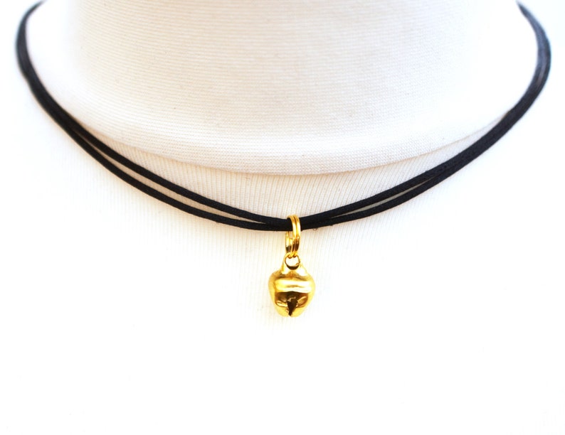 Cat Bell Choker in Silver or Gold, Rope Necklace, Ladies Kitten Collar on Adjustable Cord, Gothic Jewellery Gift Gold