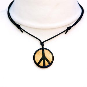 Handmade Peace Sign Necklace for Men, Personalised Wooden Hand Painted Pendant on a Black Adjustable Cord
