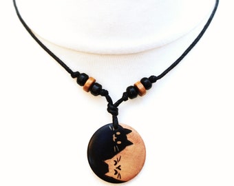 Cat Yin Yang Necklace, Cute Handmade Wooden Pendant on Black Adjustable Cord, Can be Personalised