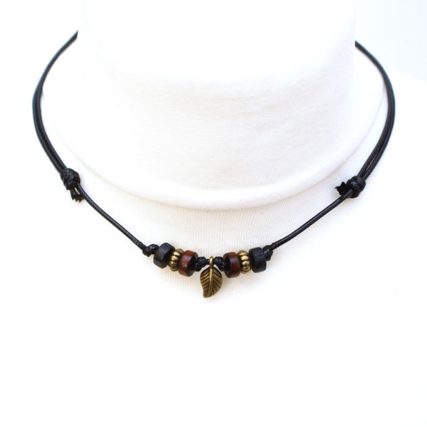 Mens Bronze Leaf Necklace, Dad Gifts, Leaf Choker for a Man, Adjustable Black Cord with Wooden Beads