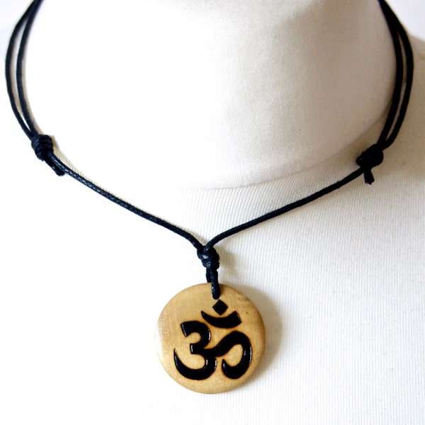 Om Necklace, Wood Burned & Hand Painted, Personalised Zen Pendant for Men on a Black Cord Choker