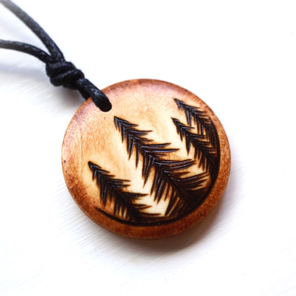Pine Tree Mens Wood Necklace, Personalised Evergreen Trees, Outdoors Forest Simple Jewellery, Handmade Eco Gift