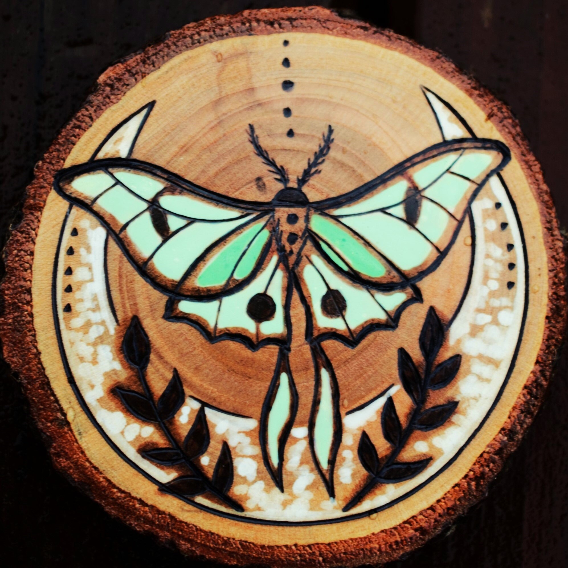 Luna Moth Wood Slice Original Art Pyrography Painting, Wooden Cottage ...