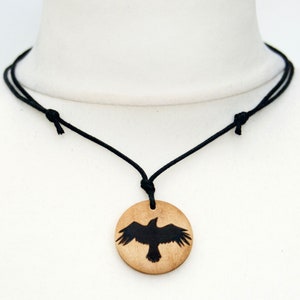 Mens Raven Necklace, Crow Pendant, Gothic Gift for Him, Wooden Pyrography Cord Necklace