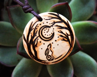 Moon Gazing Hare Pendant Rabbit Necklace Wiccan Jewellery Pagan Gifts Wood Burned Choker Woodland Nature Mystical Gift