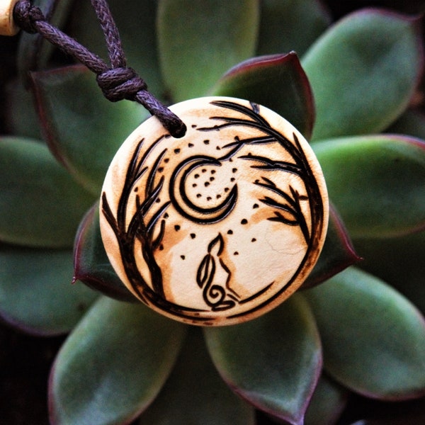 Moon Gazing Hare Pendant Rabbit Necklace Wiccan Jewellery Pagan Gifts Wood Burned Choker Woodland Nature Mystical Gift