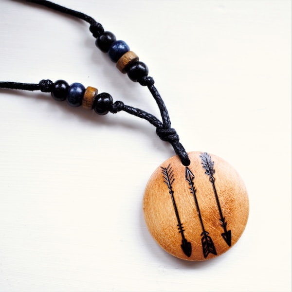 Arrows Pendant Necklace Black Thong Choker for Men Wood Burned Quiver of Arrows