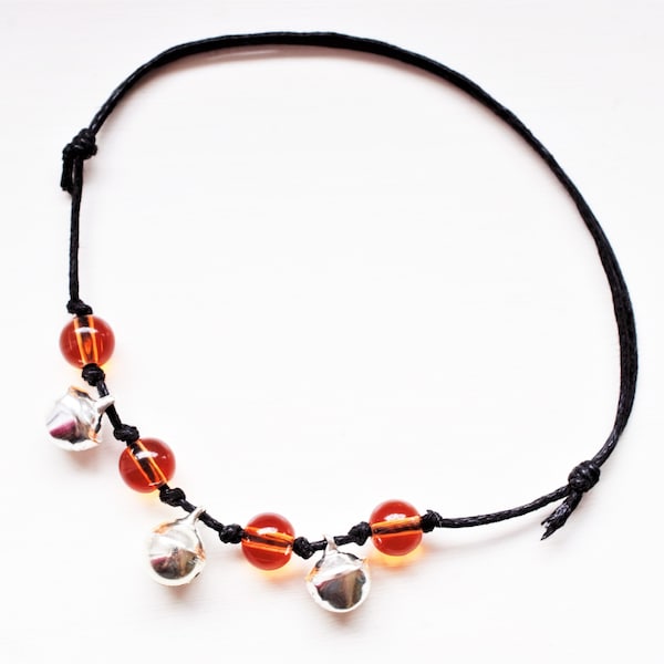 Boho Bell Anklet, Gypsy Jewellery, Black Cord Ankle Bracelet with Orange Glass Beads & Silver Jingle Bells, Hippie Gift