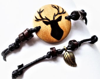 Stag Head Bracelet Deer Wood Burned Mens Black Cord Beaded Jewellery