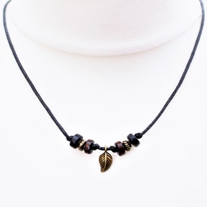 Mens Bronze Leaf Necklace, Leaf Choker for a Man, Adjustable Black Cord with Wooden Beads