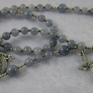 Aquamarine Gemstone Flexwire Rosary Handmade in Satin Pouch with Metal Tin