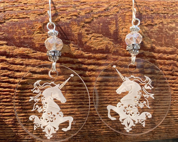 DBC: Unicorn Engraved Clear Earrings