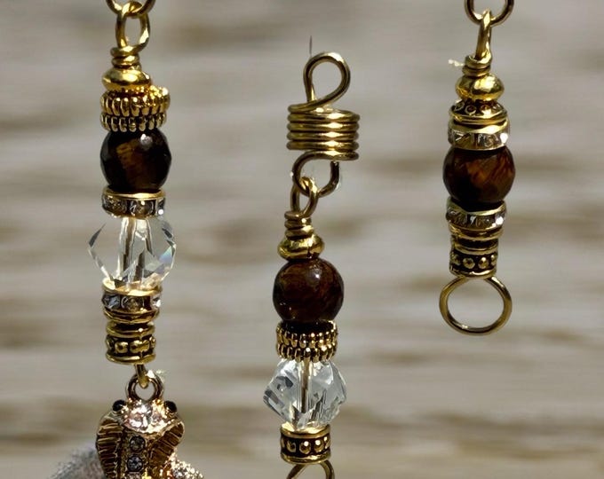 Tiger's Eye Snake Loc Jewelry: Gold Coil Braid Charms, Crystal Accents