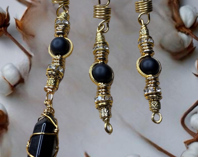Onyx Wrapped Loc Jewelry Set: Gold Wire, Crystal Accents