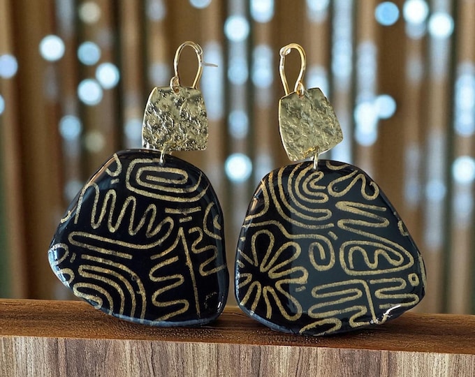 Golden Labyrinth Earrings | Handmade Statement Earrings  | Boho Tribal Earrings in Midnight Black, Royal Amethyst & Crimson Ember