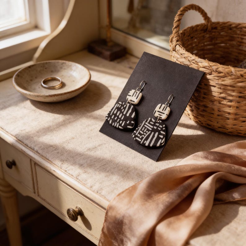 a pair of black and white patterned earrings displayed on a black card, placed on a wooden table next to a woven basket.