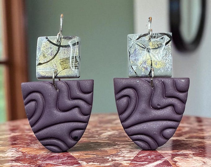 Velour Waves Statement Earrings – Deep Purple Textured Dangles by Cyere’s Closet
