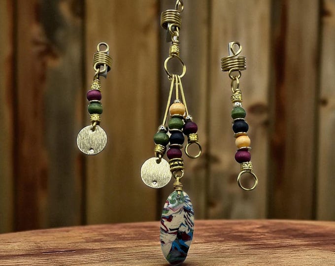Heritage Harmony 3-Piece Loc Jewelry Set | Handmade Charm & Beaded Accents – Gold or Silver Finish