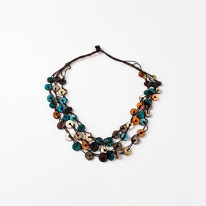 Shell Necklace, Boho Disc Layers | Iridescent Beads | Adjustable Cord | Amber Teal Cream Brown