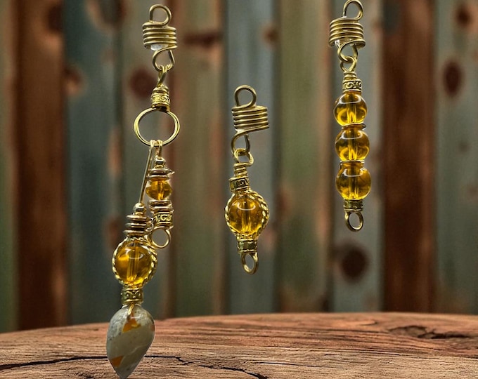Handmade Amber & Gold Loc Jewelry Set: Tarnish Resistant Braid Charms