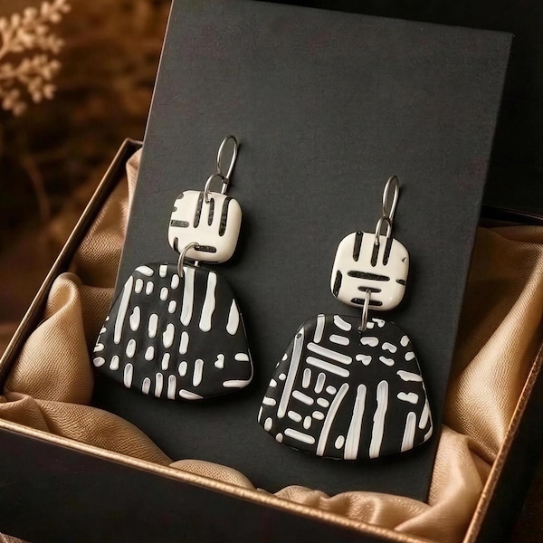 Bold Kente Rhythm Earrings | Afrocentric Black & White Statement Earrings | Handmade Tribal Inspired Boho Jewelry