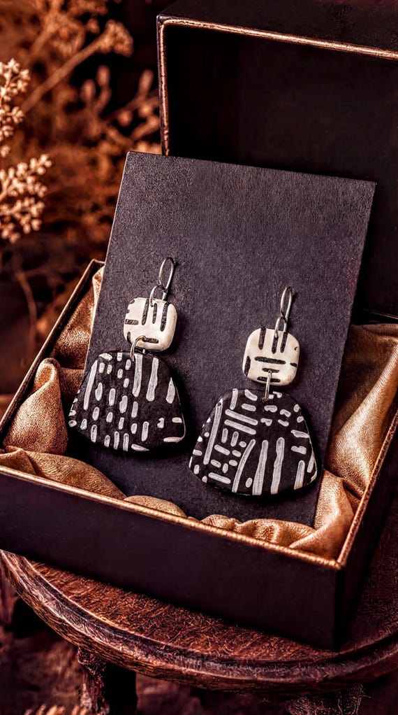 Bold Kente Rhythm Earrings | Afrocentric Black & White Statement Earrings | Handmade Tribal Inspired Boho Jewelry