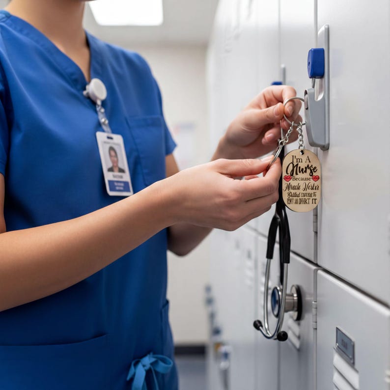 A person in blue medical scrubs is holding a keychain with a stethoscope attached, standing in front of a row of white lockers.
