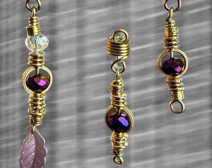 Enchanted Purple Leaf Loc Jewelry Set: Crystal Accent Hair Charms