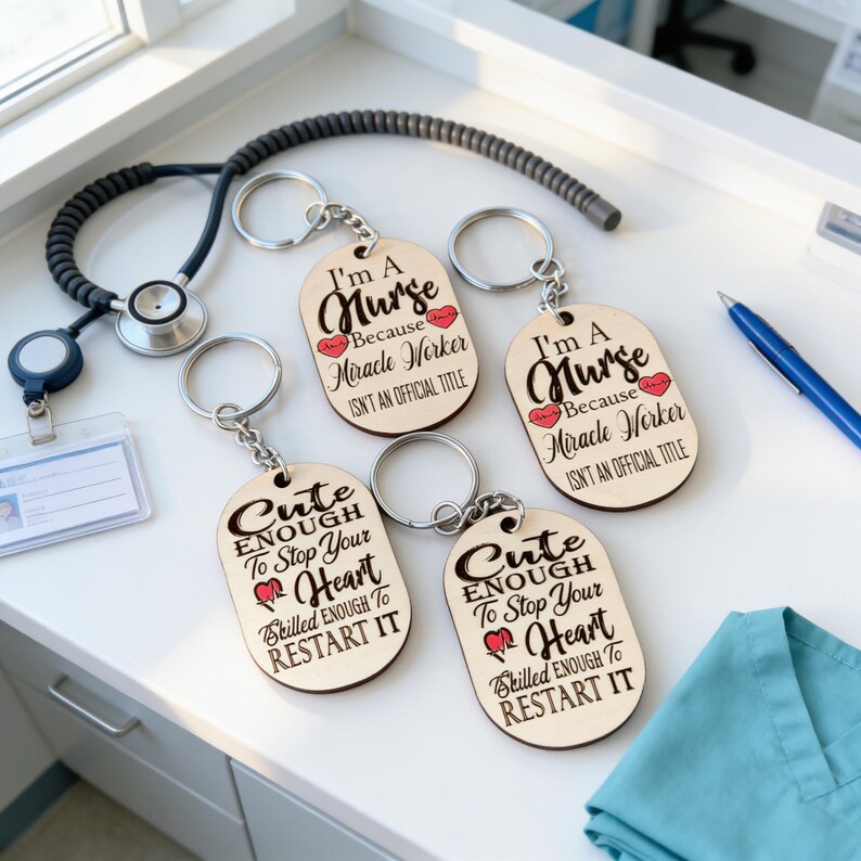 four wooden keychains with humorous sayings about nurses, placed on a white surface next to a stethoscope and a blue pen.