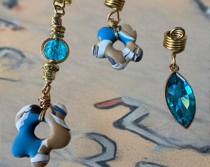 Blue Gemstone Loc Jewelry Set: Gold Wire Wrapped Hair Charms
