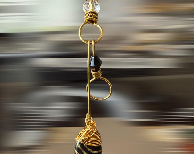 Black & Gold Wire Wrapped Loc Jewelry: Teardrop Charm Hair Accessory