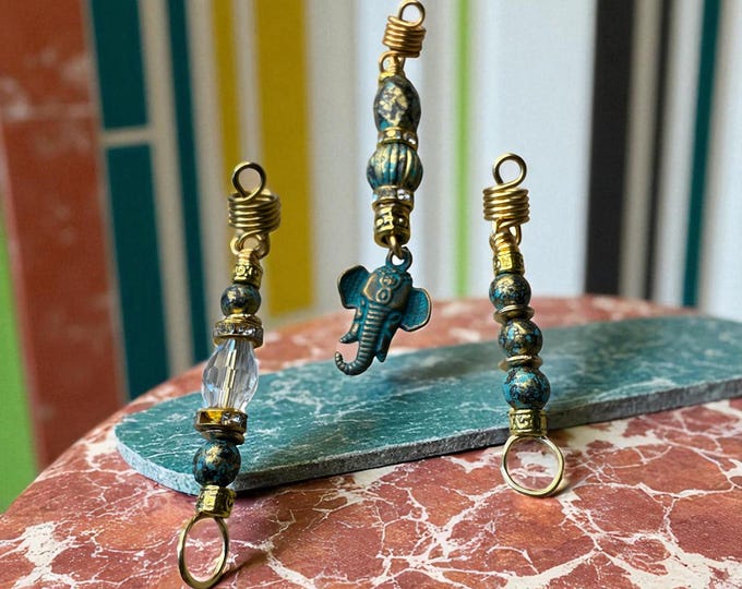 Elephant Loc Jewelry Set: Crystal & Brass Beaded Hair Charms