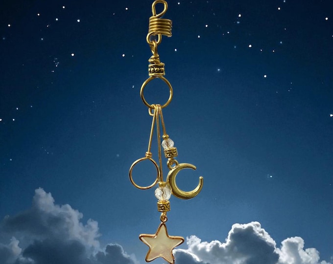 Crystal Moon & Star Loc Jewelry: Gold Wire Wrapped Hair Accessory