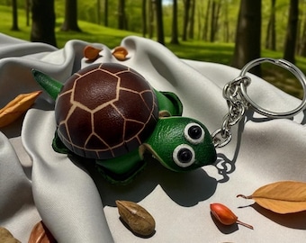 Designs By Cyere Turtle Time KeyChain, Green Brown Leather Charm | Metal Keyring | Backpack Accessory