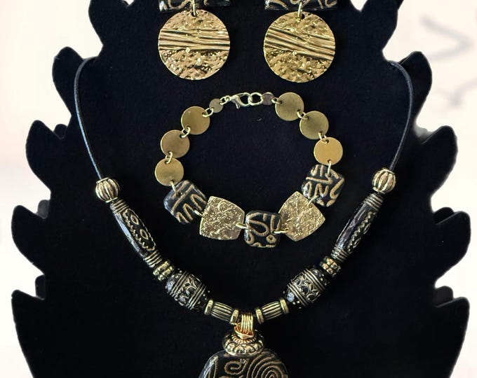 Golden Glyphs Luxe Jewelry Set | Hand Painted Pendant Necklace, 2.5” Textured Earrings & 8” Bracelet on 18” Leather Cord | Afrocentric State