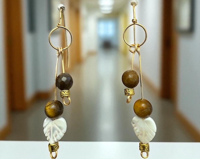Designs by Cyere Golden Earth Goddess Earrings – Tiger’s Eye & Shell Leaf Dangle Jewelry