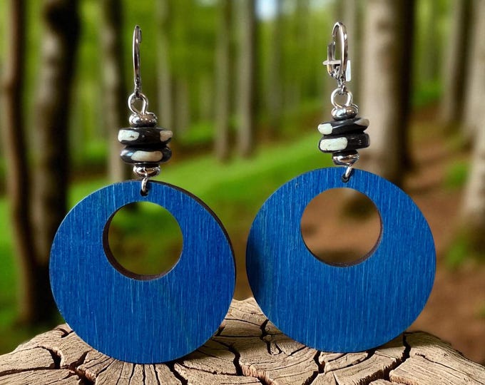 Design’s by Cyere Ocean Wave Wooden Statement Earrings – Bold Blue Circle Dangles