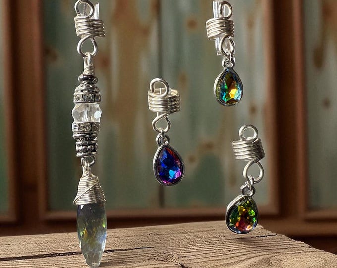 Prism Aura Glass Loc Jewelry Set: Wire Wrapped Dreadlock Charms