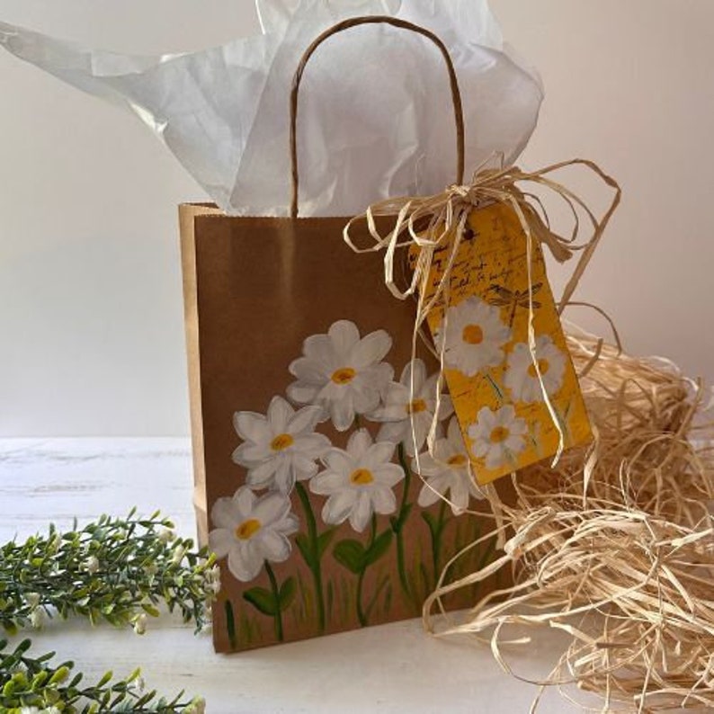 Daisy Gift Bag Flower Gift Bag, Hand Painted Gift Bag, Spring Gift Bag, Kraft Gift Bag, Teacher Appreciation Gift Bag, Mothers Day Gift Bag image 1