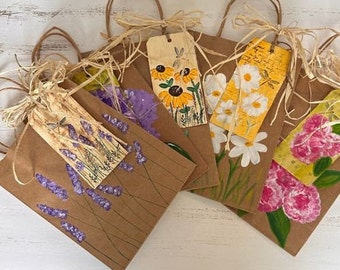 Mother's Day Gift Bag & Tag Set of Five, Hand Painted and Stamped