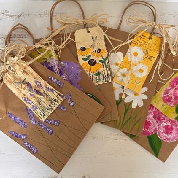 Mother's Day Gift Bag & Tag Set of Five, Hand Painted and Stamped